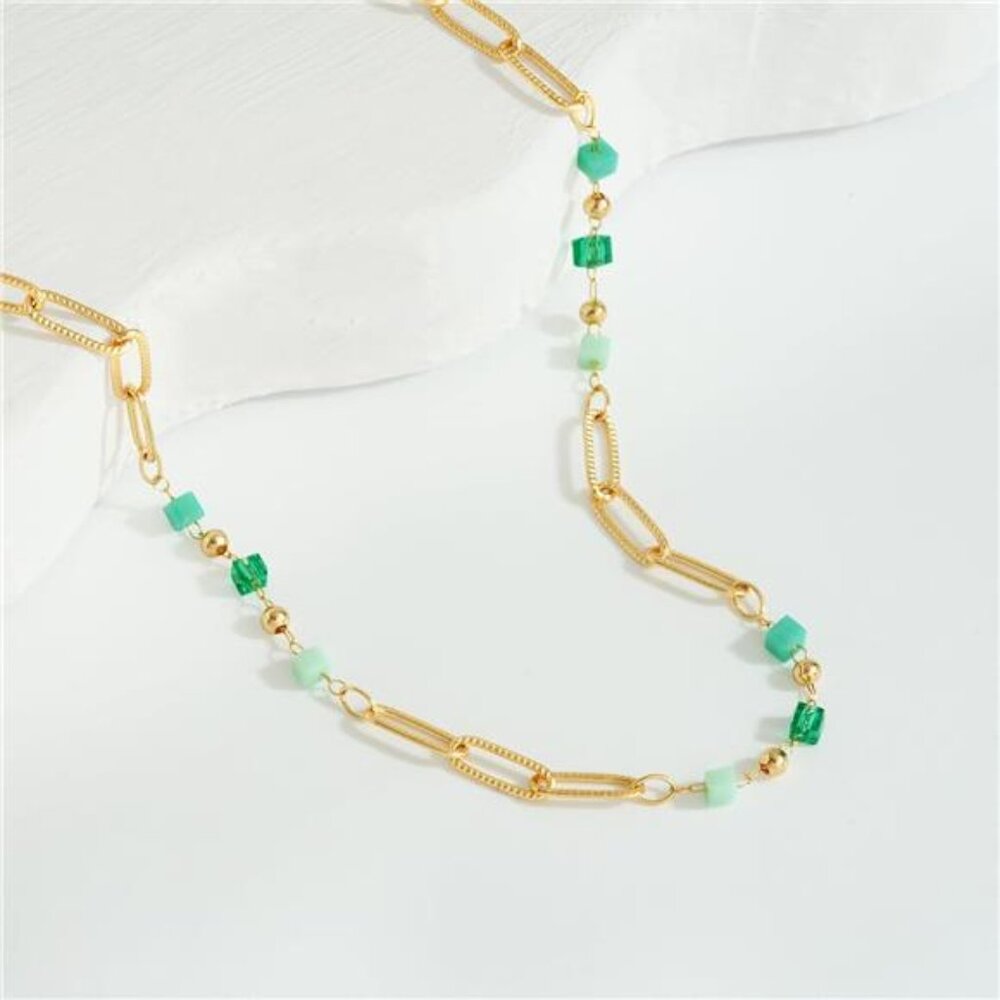 Green Rectangular Bead Choker Necklace | 14K Gold Plated Hypoallergenic